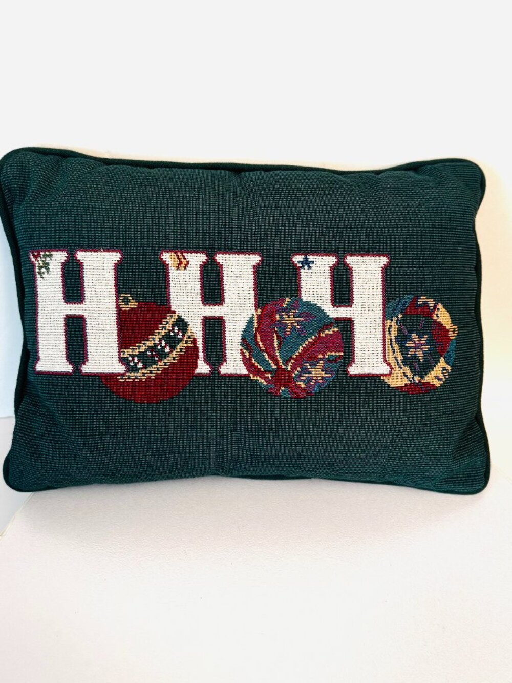 Christmas 12" Tapestry Throw Pillow "HO HO HO" Green Ornaments